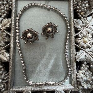 Vintage Rhinestone Choker Necklace & Silver Tone Big/Little Ball Earrings Clip